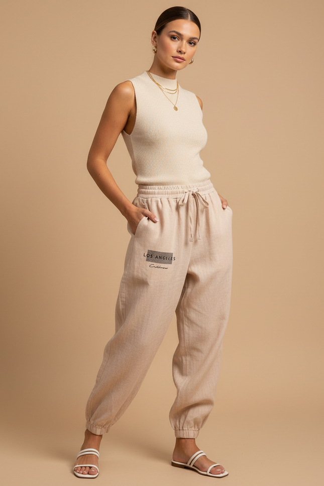 Pantalon Baggy Beige Lin Décontracté Imprimé Femme