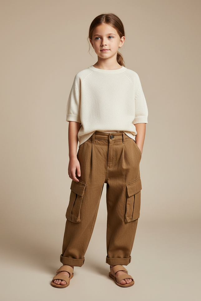 Pantalon Baggy Marron Cargo Ample Enfant Coton
