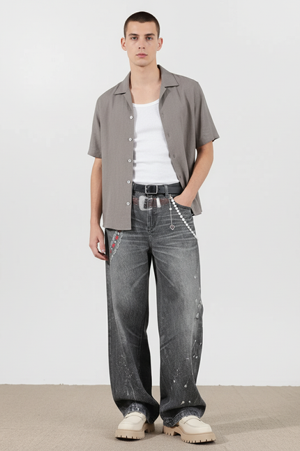 Pantalon Baggy Gris Délavé Imprimé Ample Streetwear - Jean