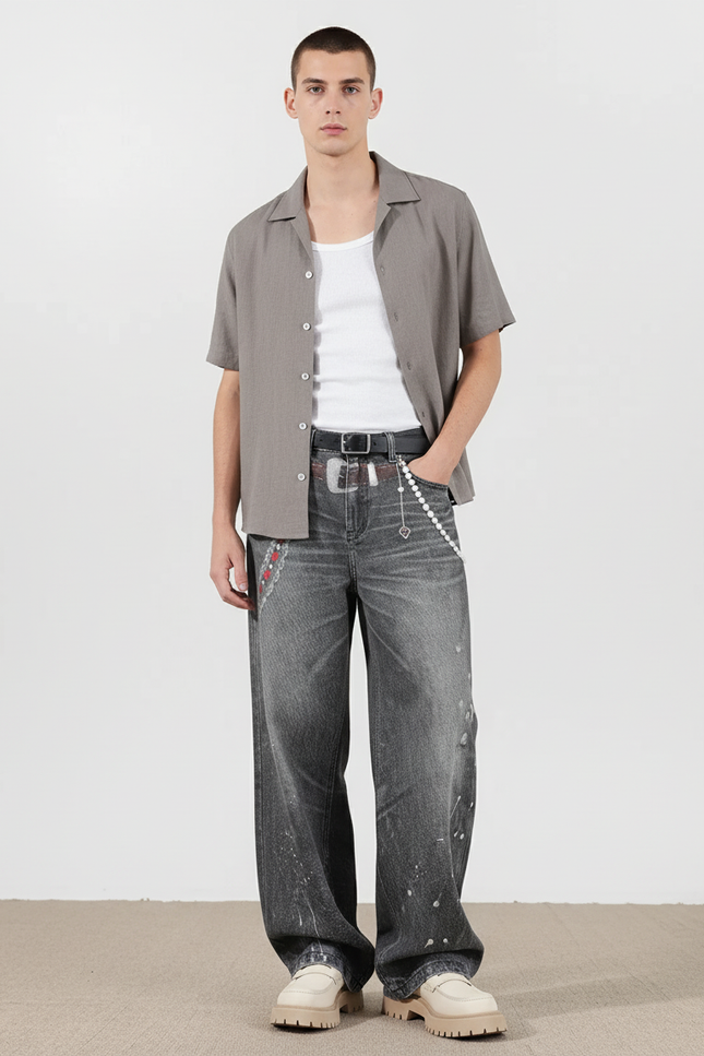 Pantalon Baggy Gris Délavé Imprimé Ample Streetwear - Jean