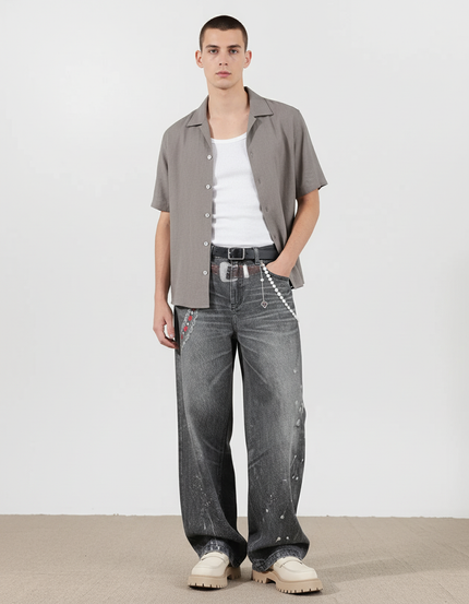 Pantalon Baggy Gris Délavé Imprimé Ample Streetwear - Jean