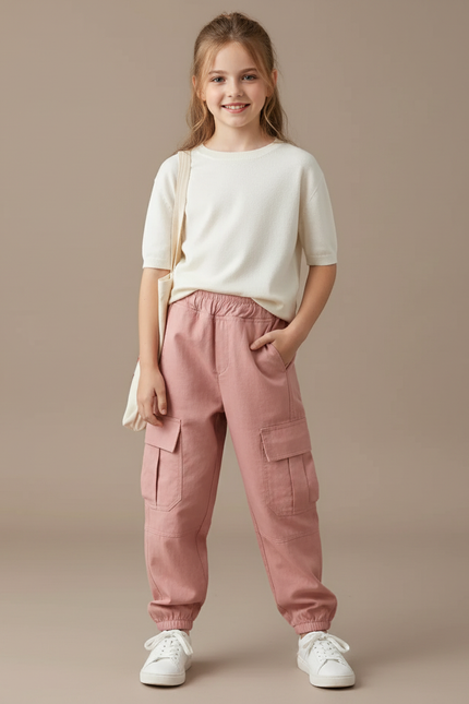 Pantalon Baggy Rose Cargo Ample Fille Coton