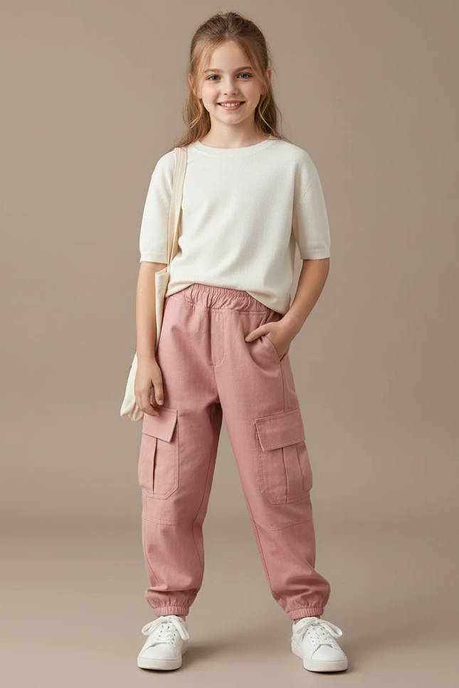 Pantalon Baggy Rose Cargo Ample Fille Coton