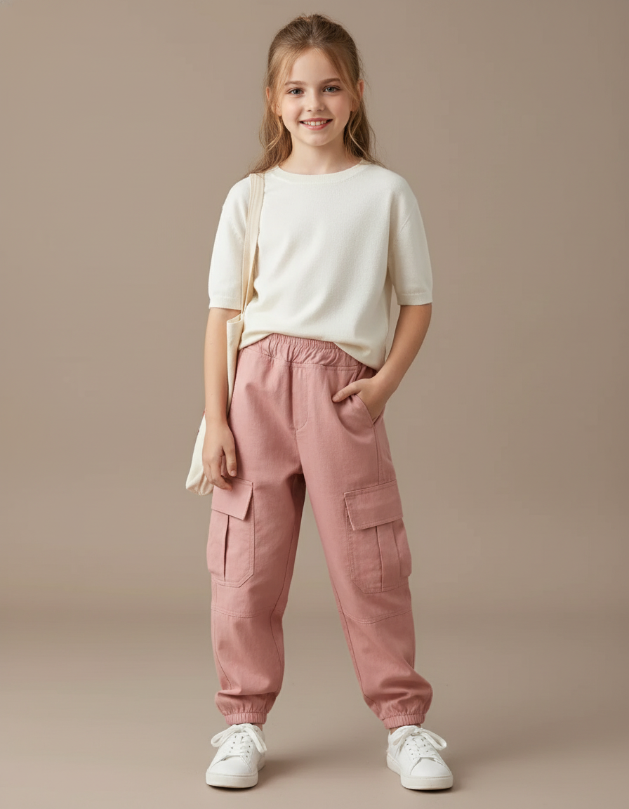 Pantalon Baggy Rose Cargo Ample Fille Coton