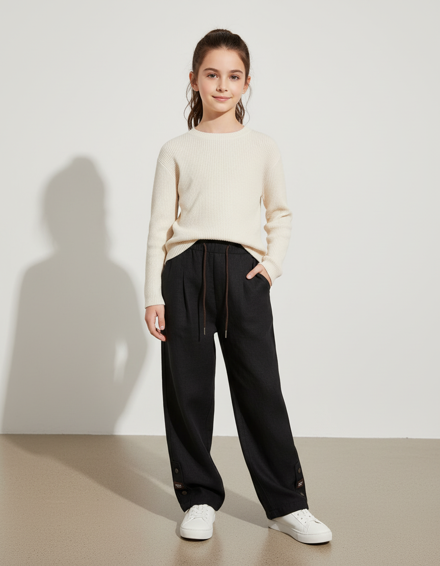Pantalon Baggy Noir Ample Fluide Décontracté Enfant - Laine
