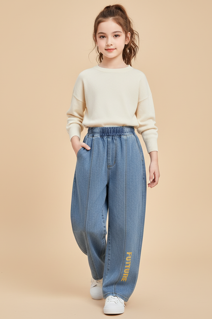Pantalon Baggy Denim Bleu Ample Élastique Fille - Jean
