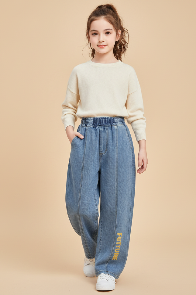 Pantalon Baggy Denim Bleu Ample Élastique Fille - Jean