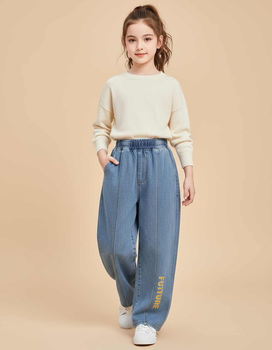 Pantalon Baggy Denim Bleu Ample Élastique Fille - Jean