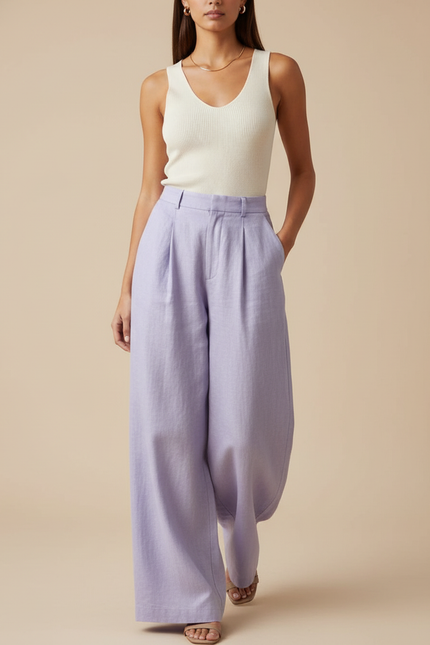 Pantalon Baggy Lilas Lin Ample Plissé Femme - Violet