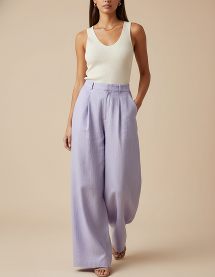 Pantalon Baggy Lilas Lin Ample Plissé Femme - Violet