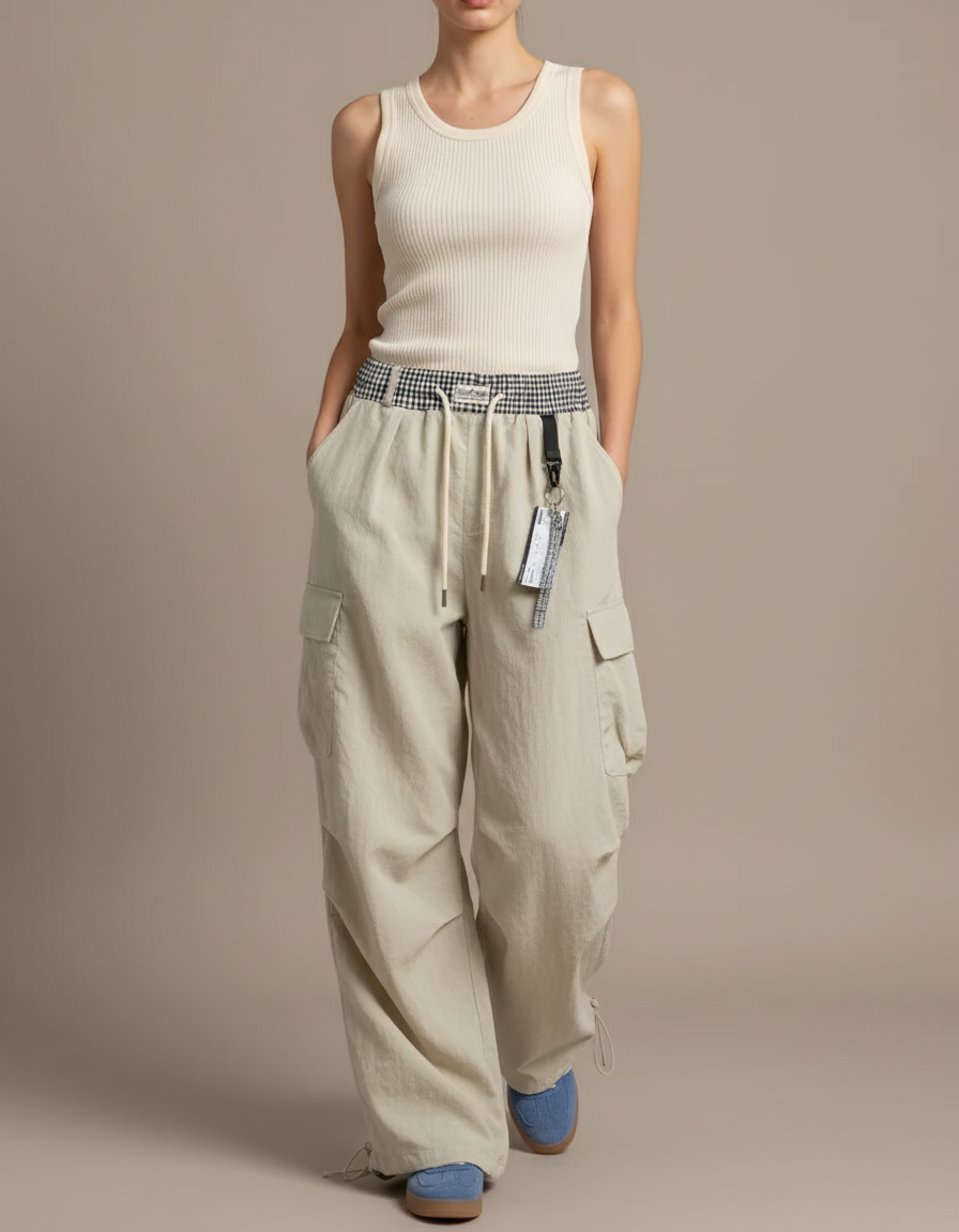 Pantalon Baggy Beige Cargo Ample Cordon Streetwear - Polyester
