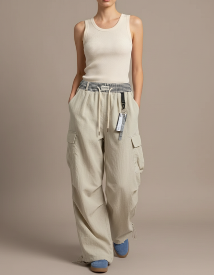 Pantalon Baggy Beige Cargo Ample Cordon Streetwear - Polyester