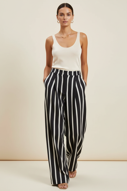 Pantalon Baggy Noir Rayé Blanc Ample Fluide Élégant - Lin