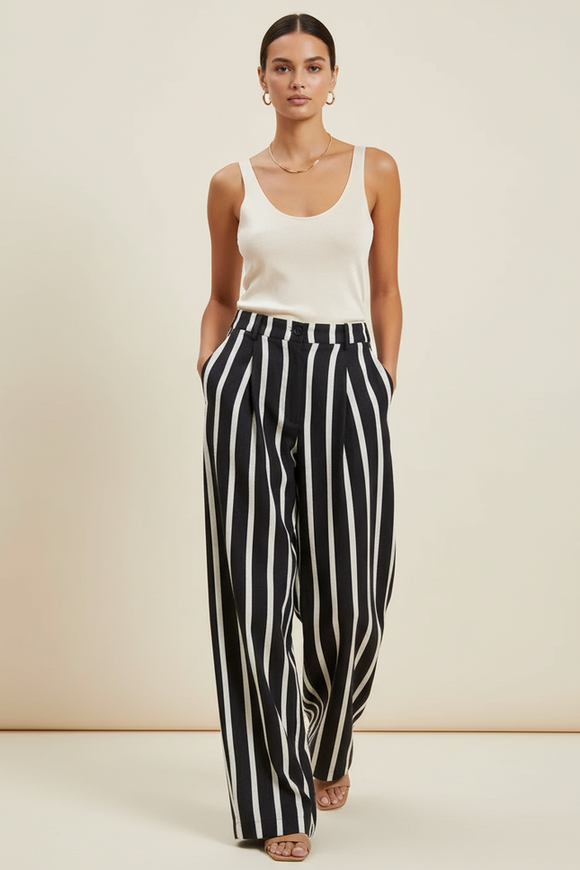 Pantalon Baggy Noir Rayé Blanc Ample Fluide Élégant - Lin