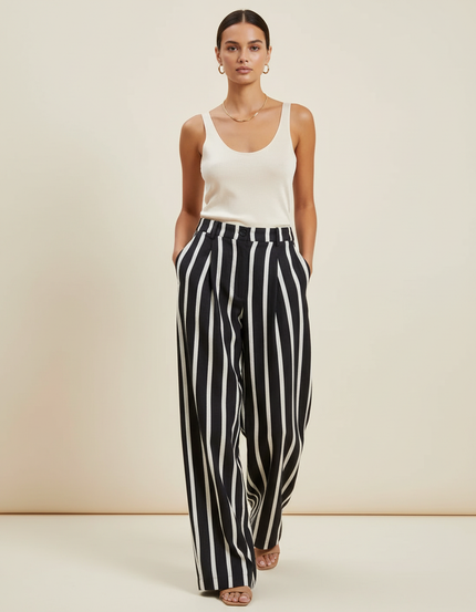 Pantalon Baggy Noir Rayé Blanc Ample Fluide Élégant - Lin