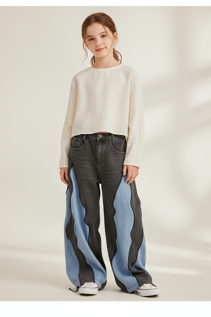 Pantalon Baggy Gris Bleu Ondulé Décontracté - Multicolore Jean