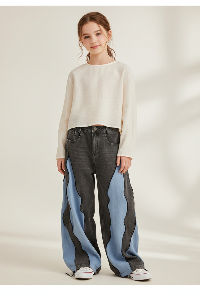 Pantalon Baggy Gris Bleu Ondulé Décontracté - Multicolore Jean