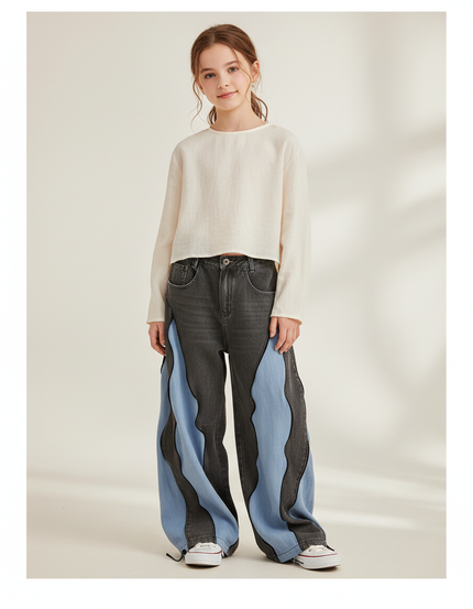 Pantalon Baggy Gris Bleu Ondulé Décontracté - Multicolore Jean