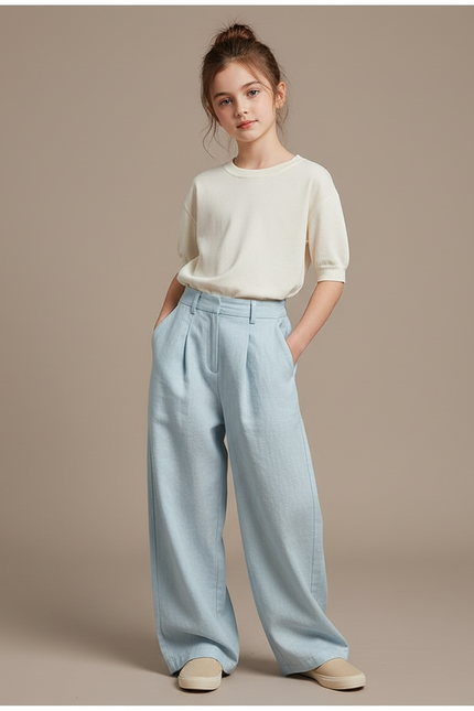 Pantalon Baggy Bleu Clair Plissé Ample Confortable - Lin