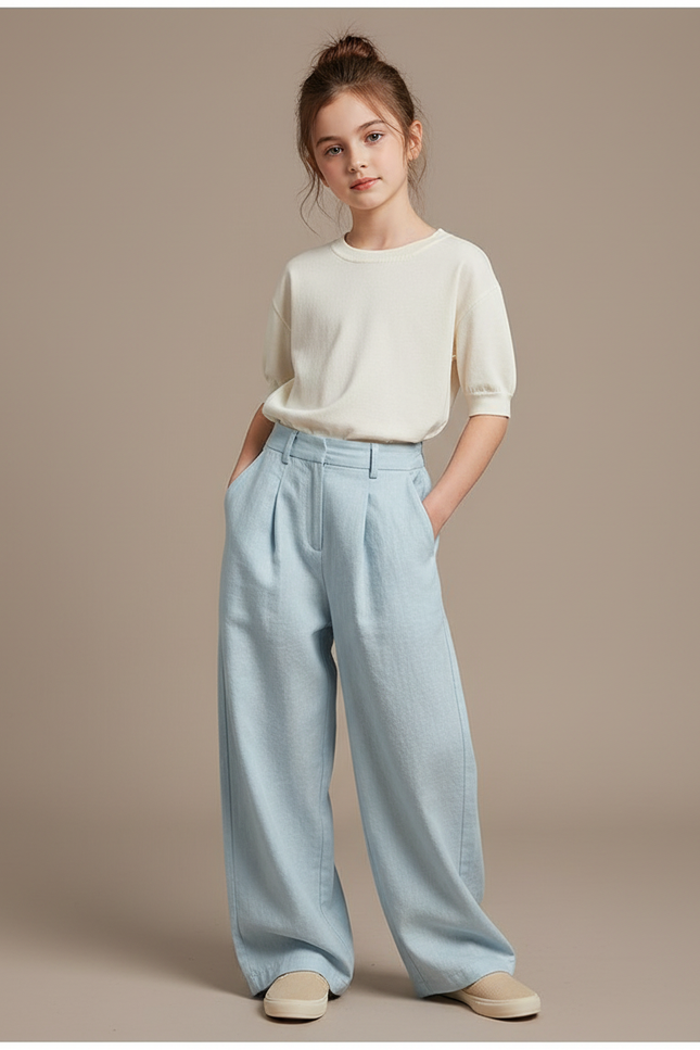 Pantalon Baggy Bleu Clair Plissé Ample Confortable - Lin