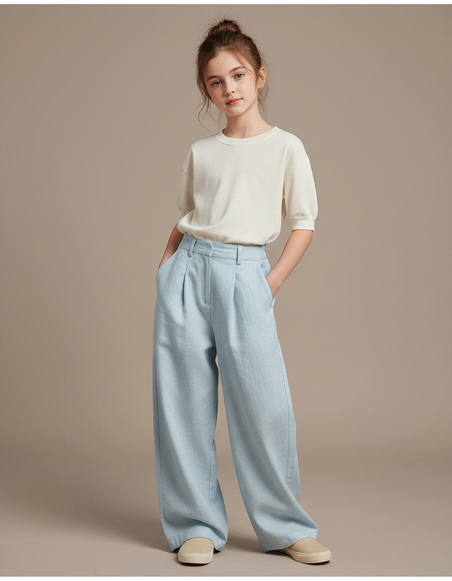 Pantalon Baggy Bleu Clair Plissé Ample Confortable - Lin