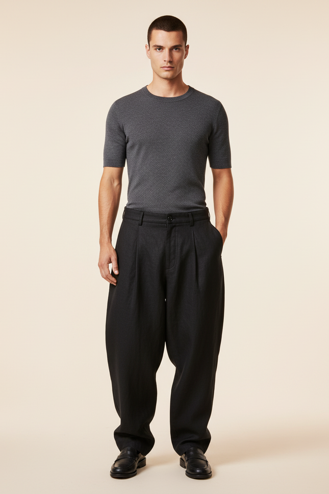 Pantalon Baggy Noir Plissé Ample Homme Décontracté - Lin