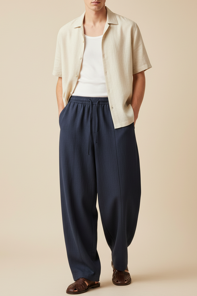 Pantalon Baggy Bleu Marine Ample Décontracté Cordon Fluide - Viscose