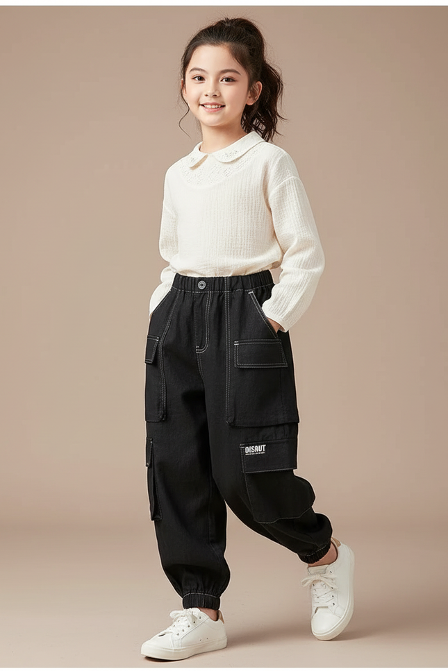 Pantalon Baggy Noir Cargo Décontracté Enfant Coton - Jean