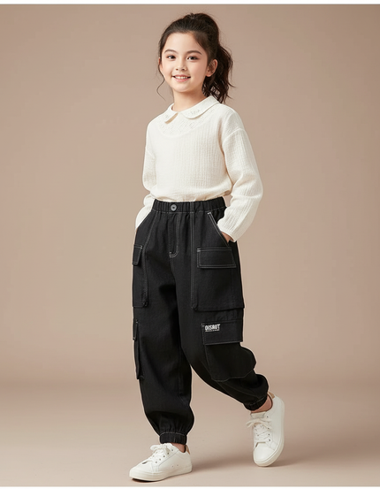 Pantalon Baggy Noir Cargo Décontracté Enfant Coton - Jean