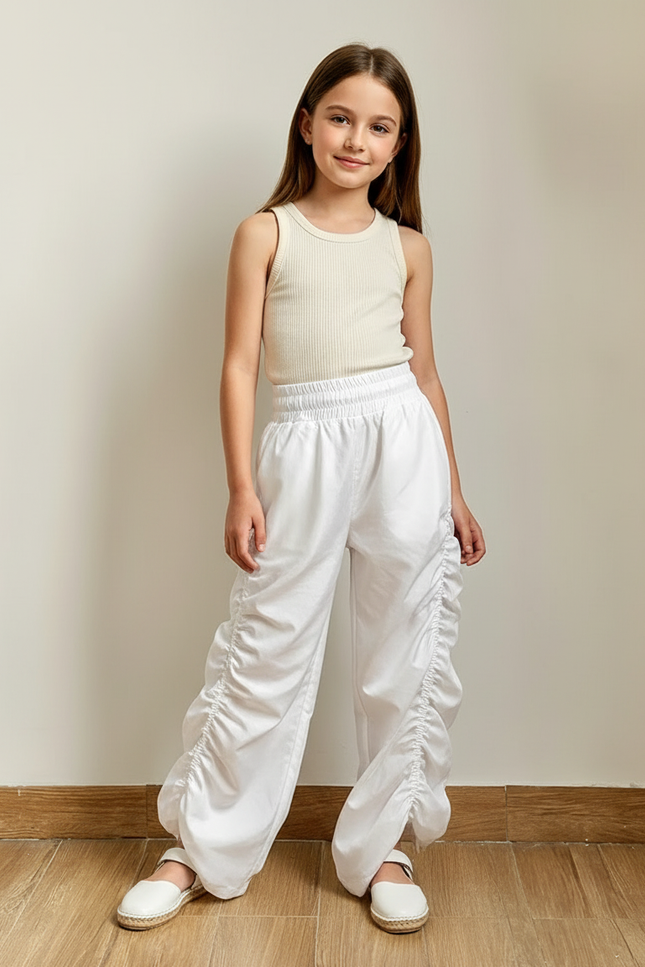Pantalon Baggy Blanc Ample Plissé Décontracté Fille - Coton