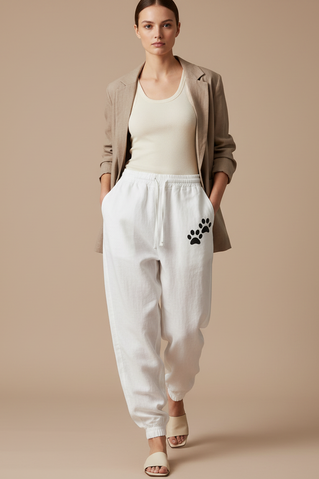 Pantalon Baggy Blanc Coton Ample Patte Chat Décontracté - Lin