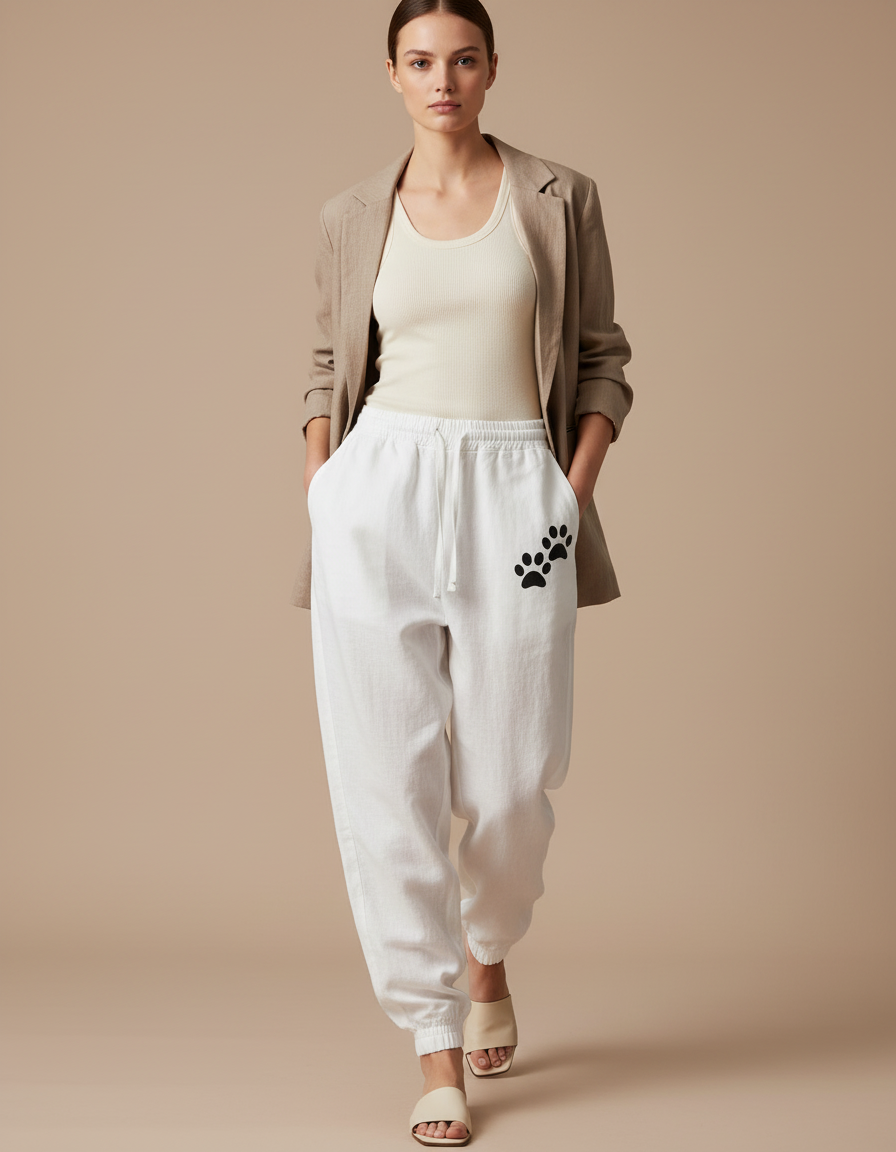 Pantalon Baggy Blanc Coton Ample Patte Chat Décontracté - Lin