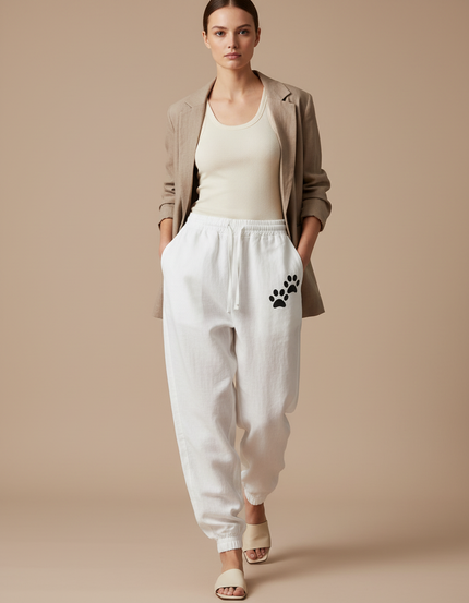 Pantalon Baggy Blanc Coton Ample Patte Chat Décontracté - Lin