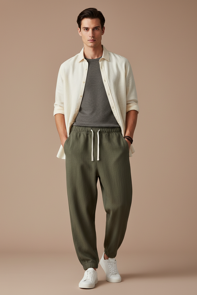 Pantalon Baggy Vert Olive Ample Décontracté Coton Homme - Kaki Molleton