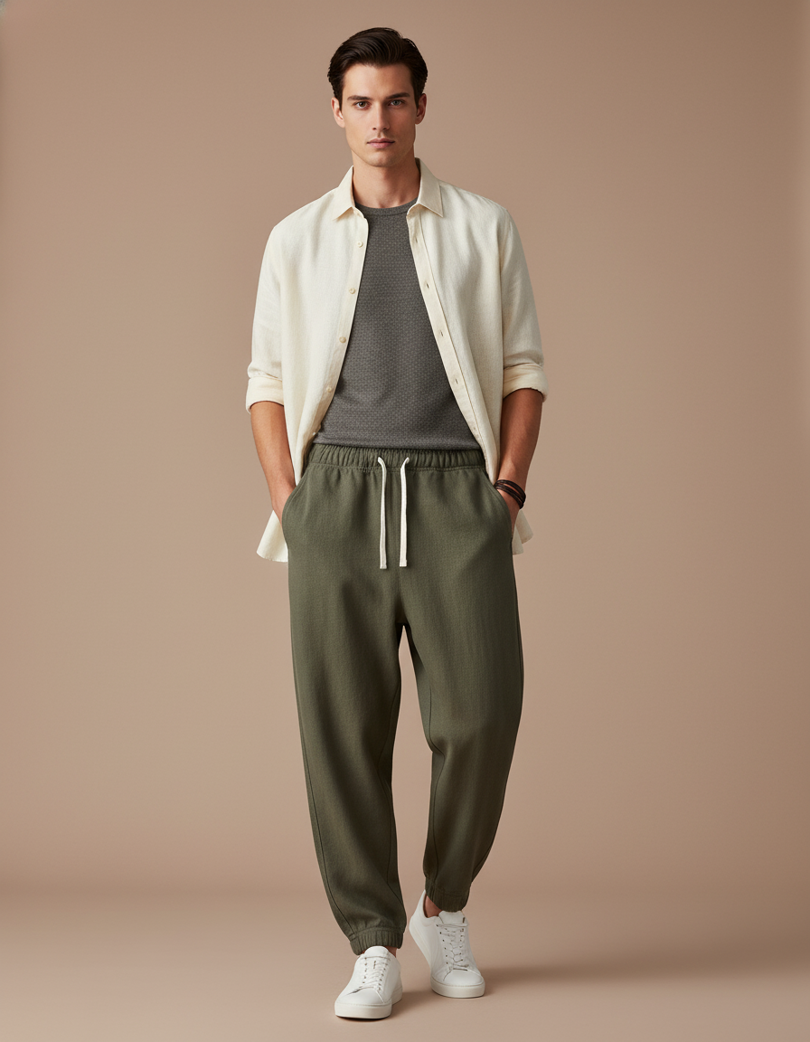 Pantalon Baggy Vert Olive Ample Décontracté Coton Homme - Kaki Molleton
