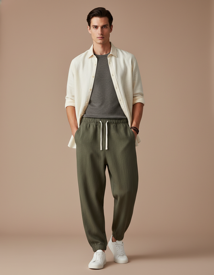 Pantalon Baggy Vert Olive Ample Décontracté Coton Homme - Kaki Molleton