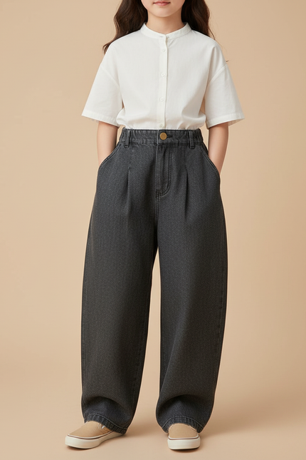 Pantalon Baggy Gris Denim Ample Plissé Enfant - Jean