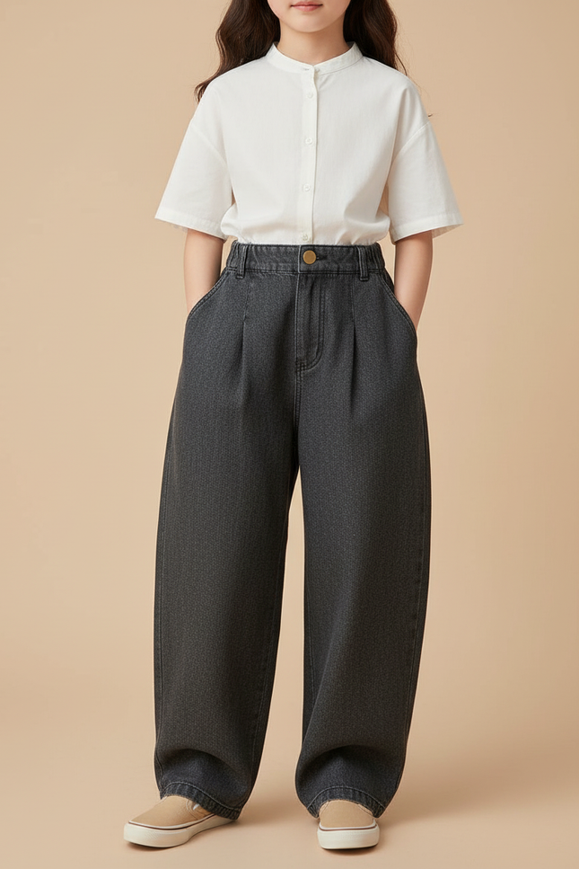 Pantalon Baggy Gris Denim Ample Plissé Enfant - Jean