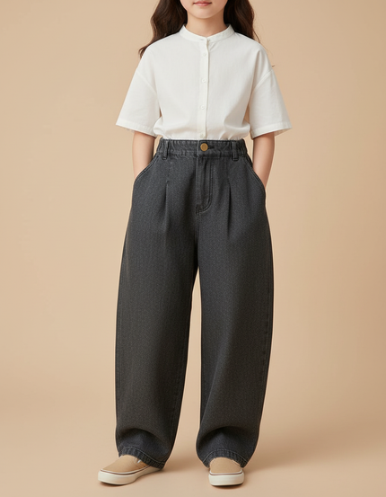 Pantalon Baggy Gris Denim Ample Plissé Enfant - Jean