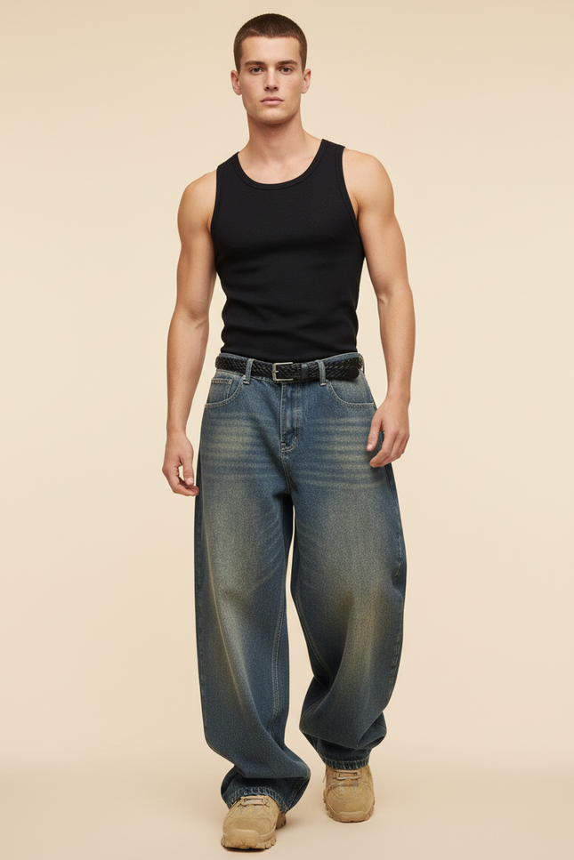 Pantalon Baggy Denim Bleu Ample Délavé Homme - Jean