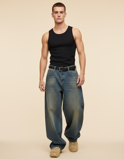 Pantalon Baggy Denim Bleu Ample Délavé Homme - Jean