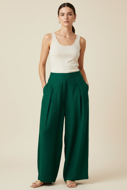 Pantalon Baggy Vert Émeraude Fluide Lin Plissé