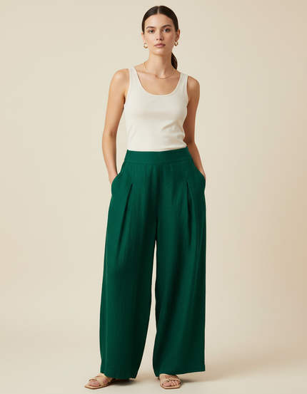 Pantalon Baggy Vert Émeraude Fluide Lin Plissé