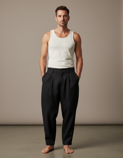Pantalon Baggy Noir Lin Plissé Ample Décontracté Homme
