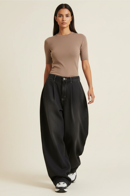 Pantalon Baggy Noir Denim Large Surpiqûres Décontracté - Jean