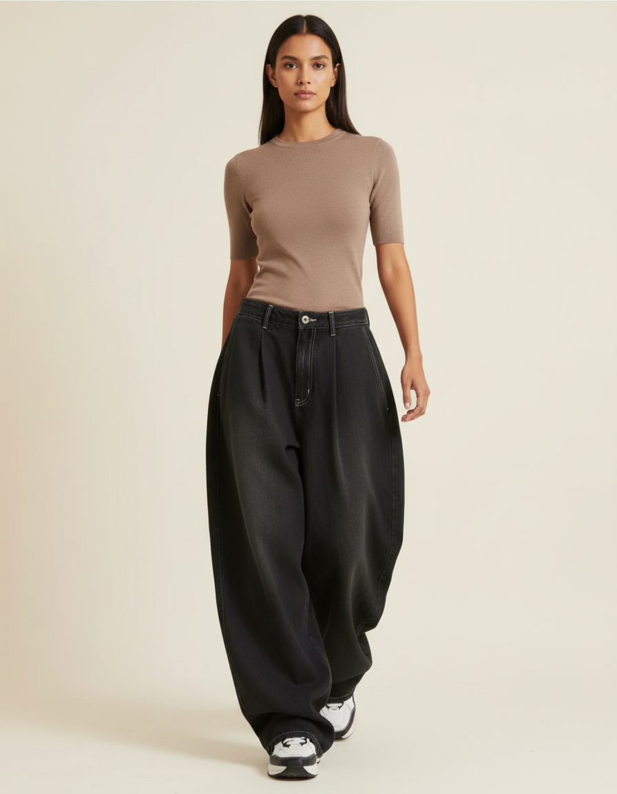 Pantalon Baggy Noir Denim Large Surpiqûres Décontracté - Jean