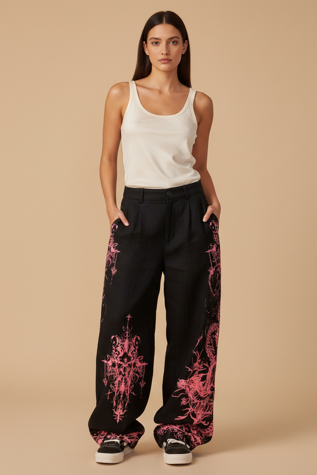 Pantalon Baggy Noir Dragon Rose Ample Gothique - Toile