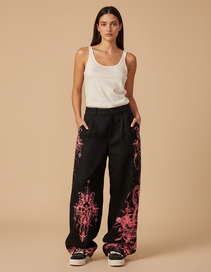 Pantalon Baggy Noir Dragon Rose Ample Gothique - Toile