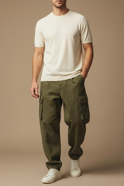 Pantalon Baggy Vert Kaki Coton Cargo Ample Homme