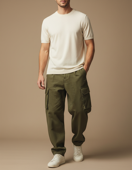 Pantalon Baggy Vert Kaki Coton Cargo Ample Homme